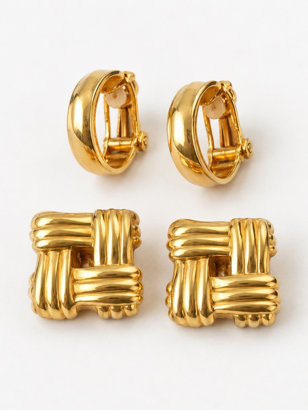 Vintage Gold Tone Clip On Earrings Set – Hoops & Woven Statement